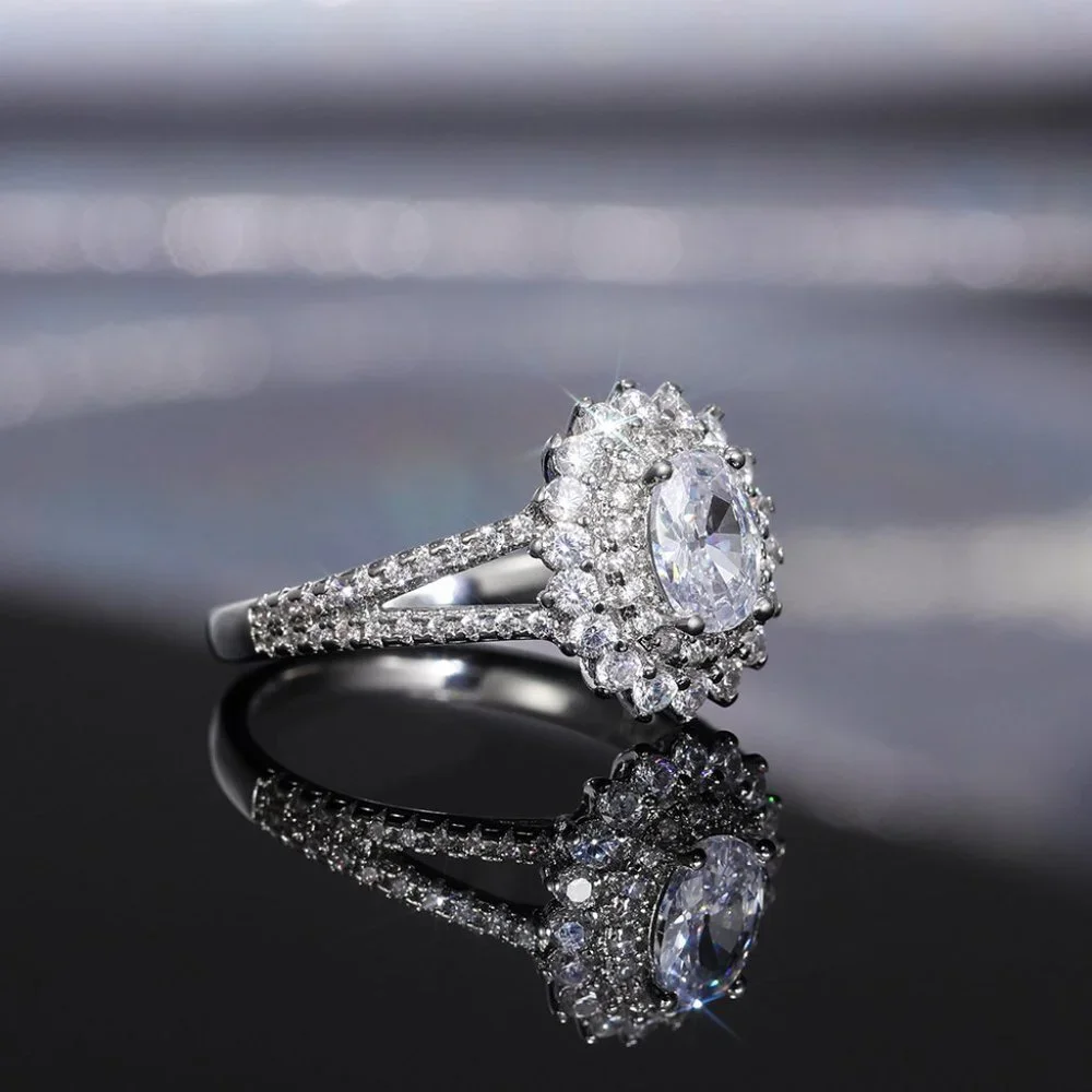 😍PARTY GIFT DOUBLE LAYER CZ LOVELY SILVER DAINTY LUXURY FLOWER RING, K896